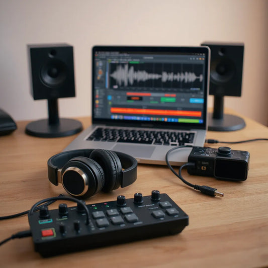 Studio desk with headphones, an audio interface, and a laptop showing an audio waveform for recording and mixing