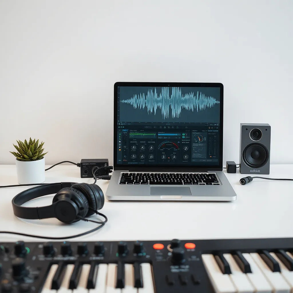 Modern music production desk with audio interface, studio headphones, and a laptop showing audio waveforms