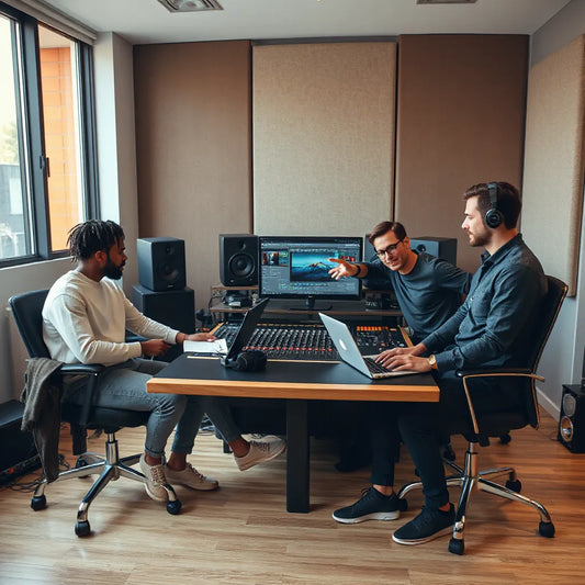 Producer and artists collaborating in a modern recording studio around a mixing console