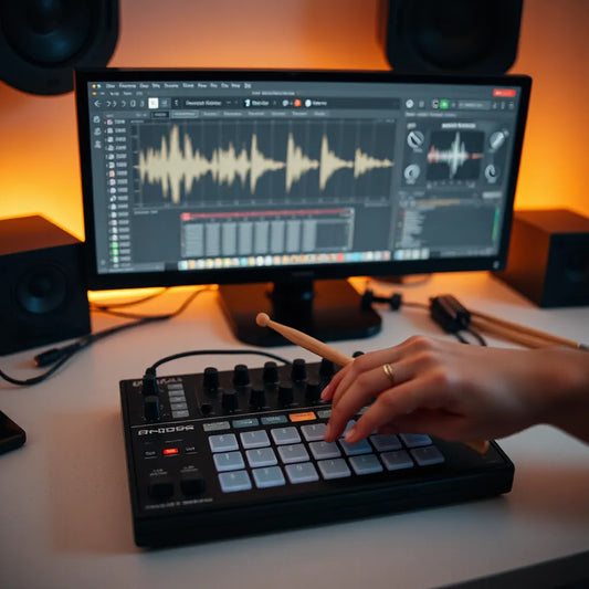 Studio setup with a drum machine, MIDI controller, and visible rhythmic groove waveforms on a monitor