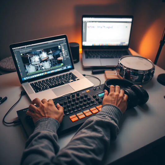 Hands using a MIDI controller with headphones on a studio desk, suggesting drum fill patterns for Afrobeats